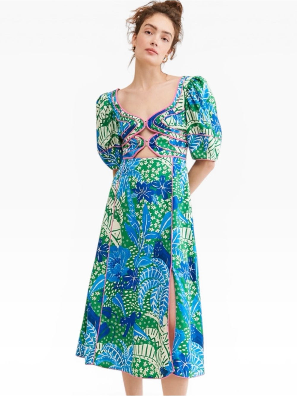 Farm Rio Jungle Panther Puff Sleeve Cutout Cotton Midi Dress Small